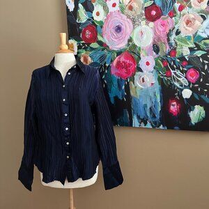 Caviar Navy Pleated Button Front Blouse Women's Size XL